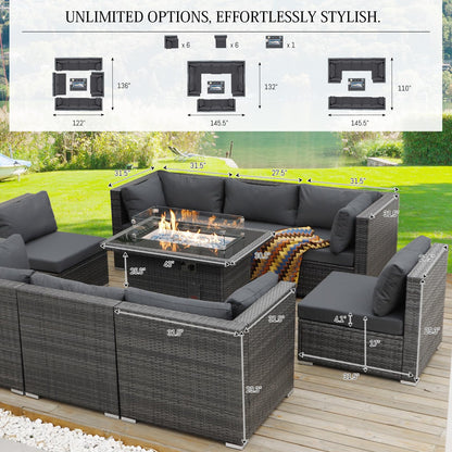 Luxury 13-Piece Outdoor Patio Conversation Set with Fire Pit – Dark Grey