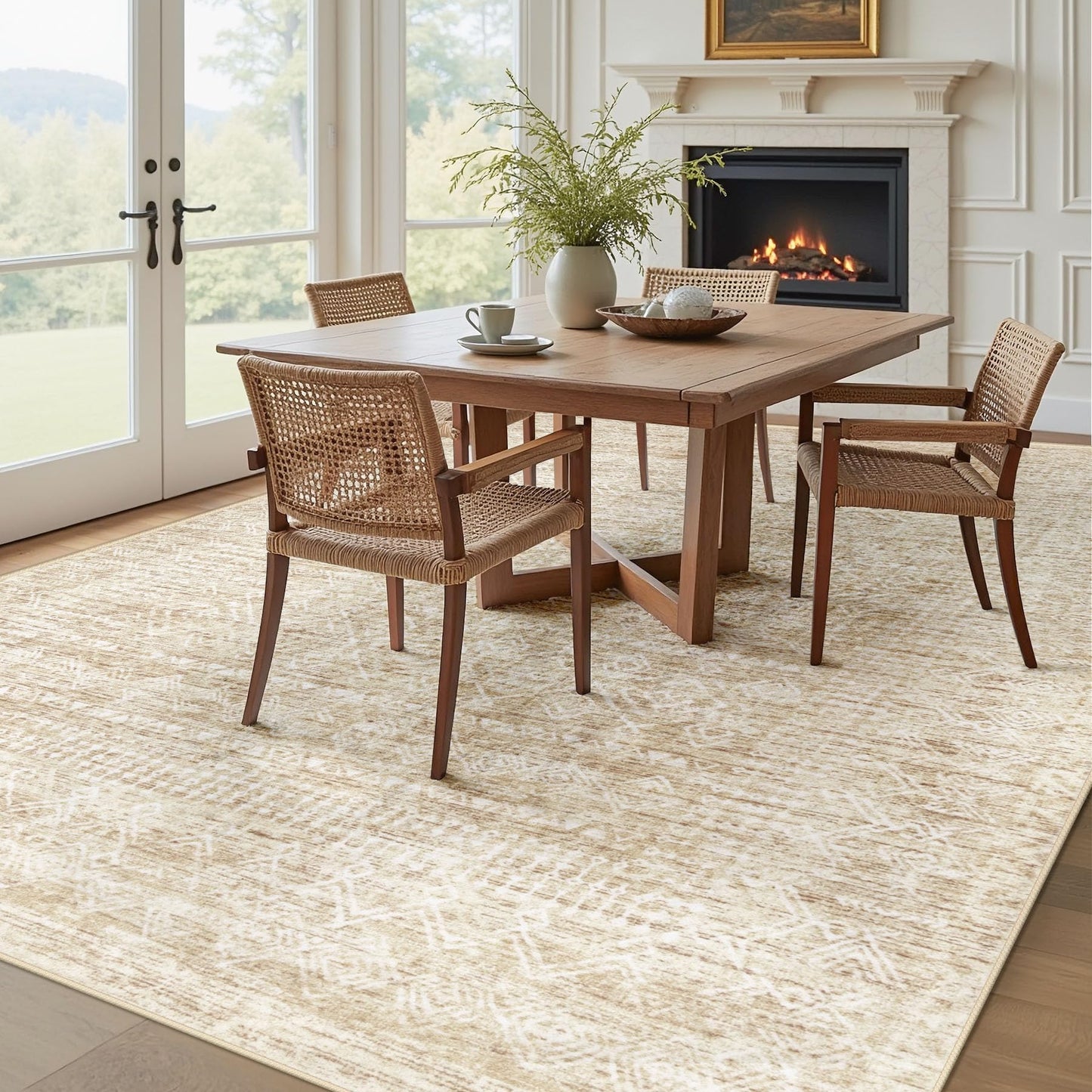 Washable Moroccan Boho Area Rug – 8 x 10 ft Non-Slip Beige Rug