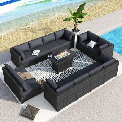Luxury 13-Piece Outdoor Patio Conversation Set with Fire Pit – Dark Grey