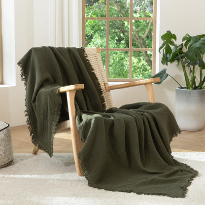 100% Cotton Muslin Throw Blanket – Olive Green 4-Layer Gauze