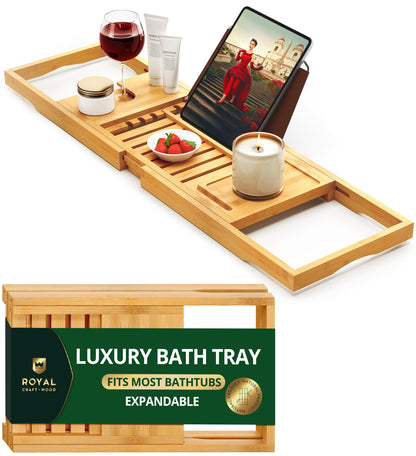 Luxury Bamboo Bathtub Caddy Tray – Expandable Spa Bath Tray with Book, Tablet & Wine Holder