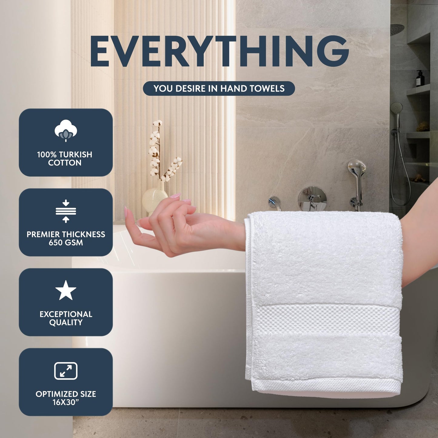 Luxury White Turkish Cotton Hand Towels Set of 6