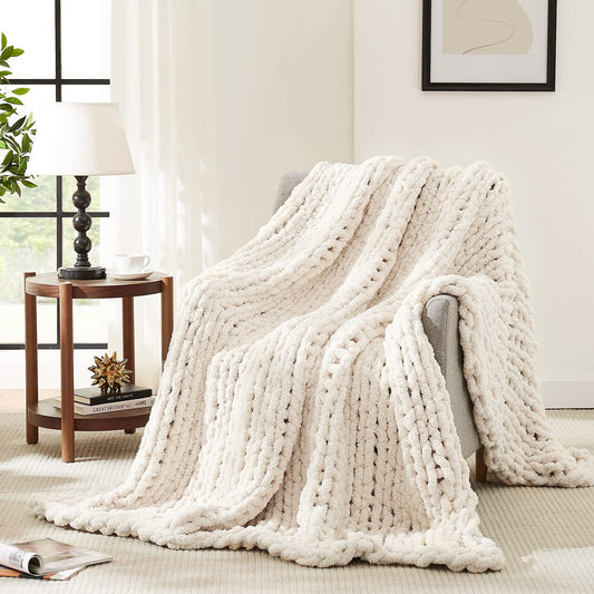 L'AGRATY Chunky Knit Chenille Throw Blanket – Ivory