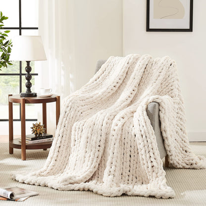 L'AGRATY Chunky Knit Chenille Throw Blanket – Ivory