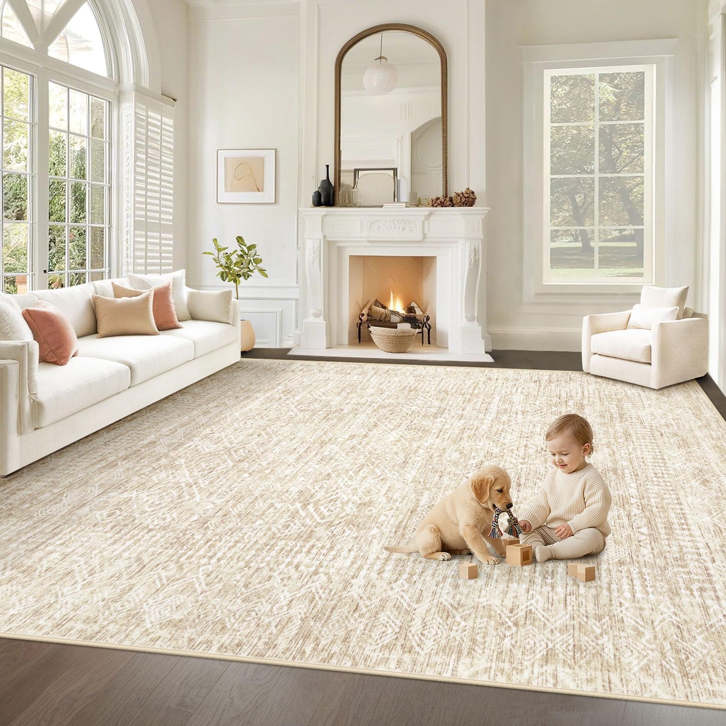 Washable Moroccan Boho Area Rug – 8 x 10 ft Non-Slip Beige Rug