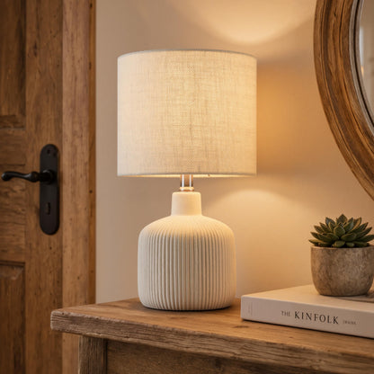 Rustic Ceramic Table Lamp with Linen Shade | Off-White Bedside & Living Room Lamp