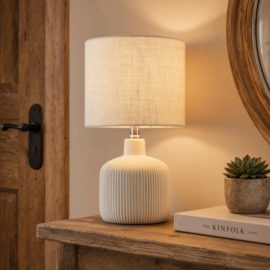 Rustic Ceramic Table Lamp with Linen Shade | Off-White Bedside & Living Room Lamp