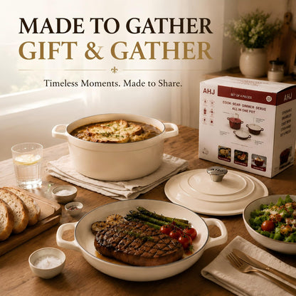 AHJ Enameled Cast Iron Dutch Oven Set - 4 Piece Stackable Nesting Cookware Set with Lids, 4.8Qt, 2.6Qt and 1.3Qt Dutch Ovens, Space-Saving Cast Iron Pots and Pans Sets for Sourdough Bread Baking, Slow Cooking, Braising, Roasting and Stews, Cream White