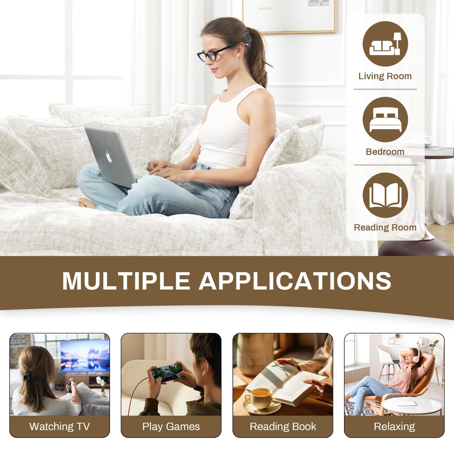 Wrofly 81.1" W Oversized Round Chaise Lounge, Fluffy Lazy Bean Bag Sofa with 14 Pillows, Comfy Chenille Upholstered Barrel Sleeper Bed, Modern Deep Seat Cloud Couch for Living Room, Beige