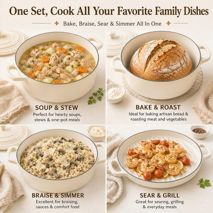 AHJ Enameled Cast Iron Dutch Oven Set - 4 Piece Stackable Nesting Cookware Set with Lids, 4.8Qt, 2.6Qt and 1.3Qt Dutch Ovens, Space-Saving Cast Iron Pots and Pans Sets for Sourdough Bread Baking, Slow Cooking, Braising, Roasting and Stews, Cream White
