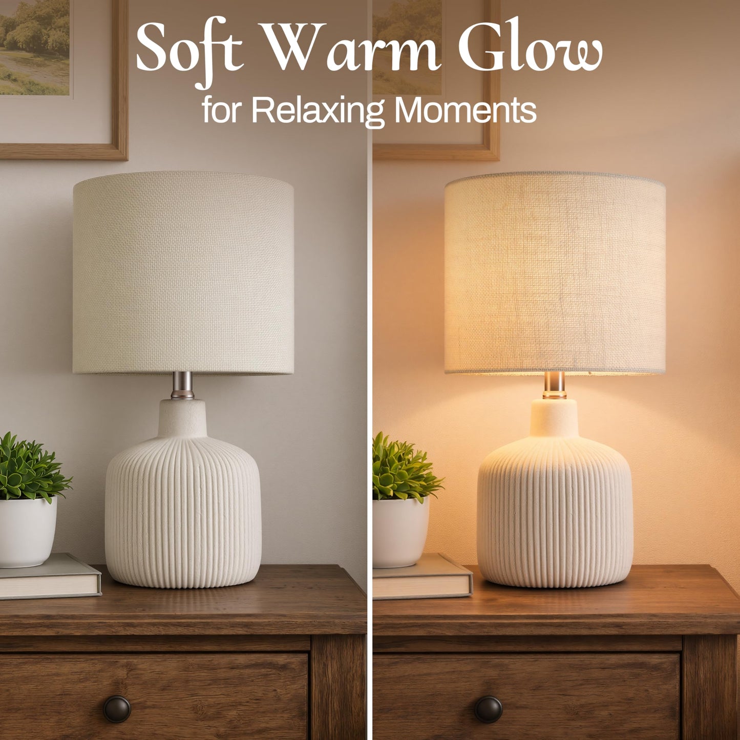 Rustic Ceramic Table Lamp with Linen Shade | Off-White Bedside & Living Room Lamp