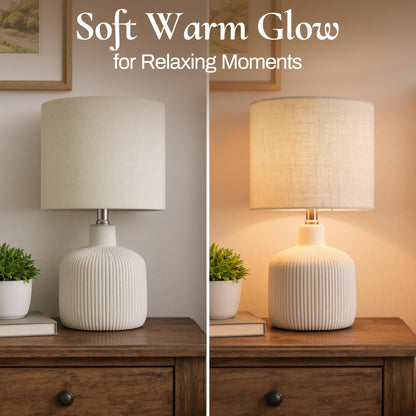 Rustic Ceramic Table Lamp with Linen Shade | Off-White Bedside & Living Room Lamp