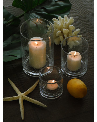 Seeded Glass Hurricane Candle Holder Set of 3 | Clear Glass
