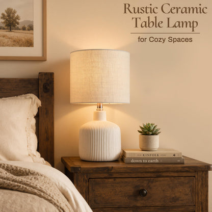 Rustic Ceramic Table Lamp with Linen Shade | Off-White Bedside & Living Room Lamp
