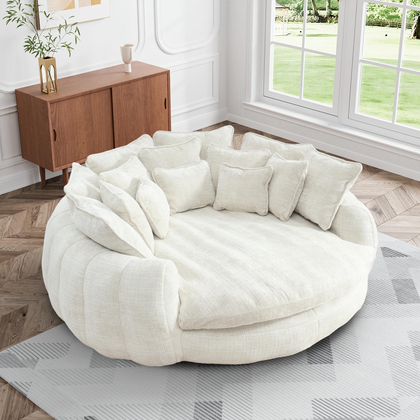 Wrofly 81.1" W Oversized Round Chaise Lounge, Fluffy Lazy Bean Bag Sofa with 14 Pillows, Comfy Chenille Upholstered Barrel Sleeper Bed, Modern Deep Seat Cloud Couch for Living Room, Beige