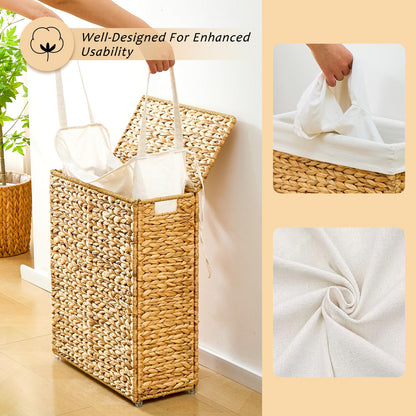 Handwoven Slim Water Hyacinth Laundry Hamper with Lid