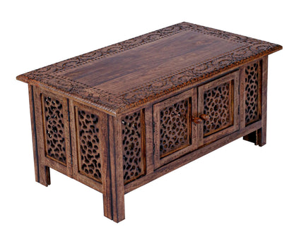 Hand-Carved Mango Wood Coffee Table with Storage