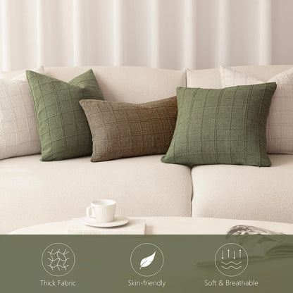 Foundtower Set of 2 Sage Green Linen Check Throw Pillow Covers 50x50cm