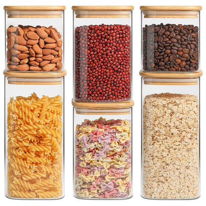 ComSaf Glass Pantry Storage Containers (0.7Qt/1.2Qt/1.6Qt) Set of 6, Glass Storage Containers with Lids, Kitchen Food Storage Jar, Square Glass Jars for Flour Cereal Sugar Tea Coffee Beans Snacks