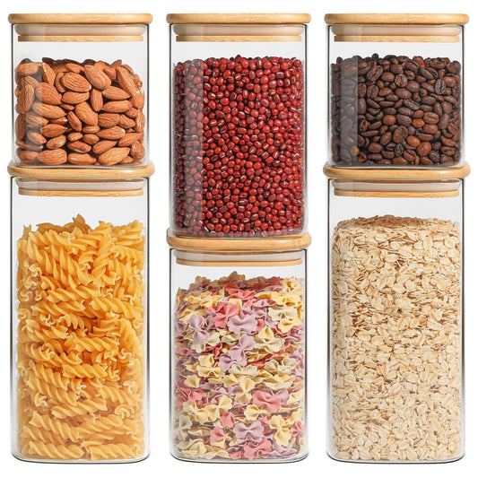 ComSaf Glass Pantry Storage Containers (0.7Qt/1.2Qt/1.6Qt) Set of 6, Glass Storage Containers with Lids, Kitchen Food Storage Jar, Square Glass Jars for Flour Cereal Sugar Tea Coffee Beans Snacks