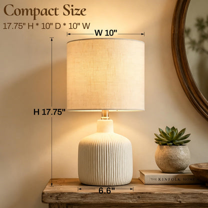 Rustic Ceramic Table Lamp with Linen Shade | Off-White Bedside & Living Room Lamp