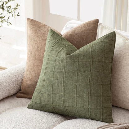 Foundtower Set of 2 Sage Green Linen Check Throw Pillow Covers 50x50cm