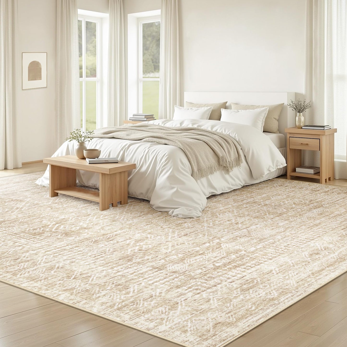 Washable Moroccan Boho Area Rug – 8 x 10 ft Non-Slip Beige Rug