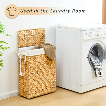 Handwoven Slim Water Hyacinth Laundry Hamper with Lid
