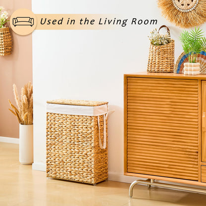 Handwoven Slim Water Hyacinth Laundry Hamper with Lid