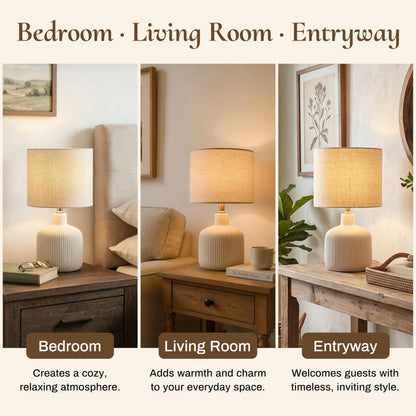 Rustic Ceramic Table Lamp with Linen Shade | Off-White Bedside & Living Room Lamp