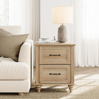 Farmhouse Oak Nightstand with Charging Station & 2 Drawers