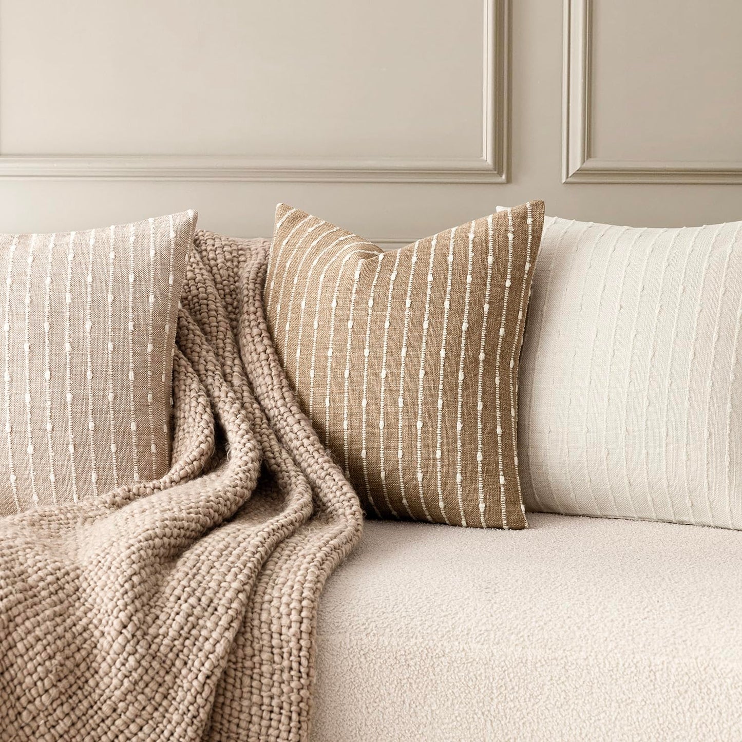 Natural Beige Bouclé Throw Pillow Covers (Set of 2)