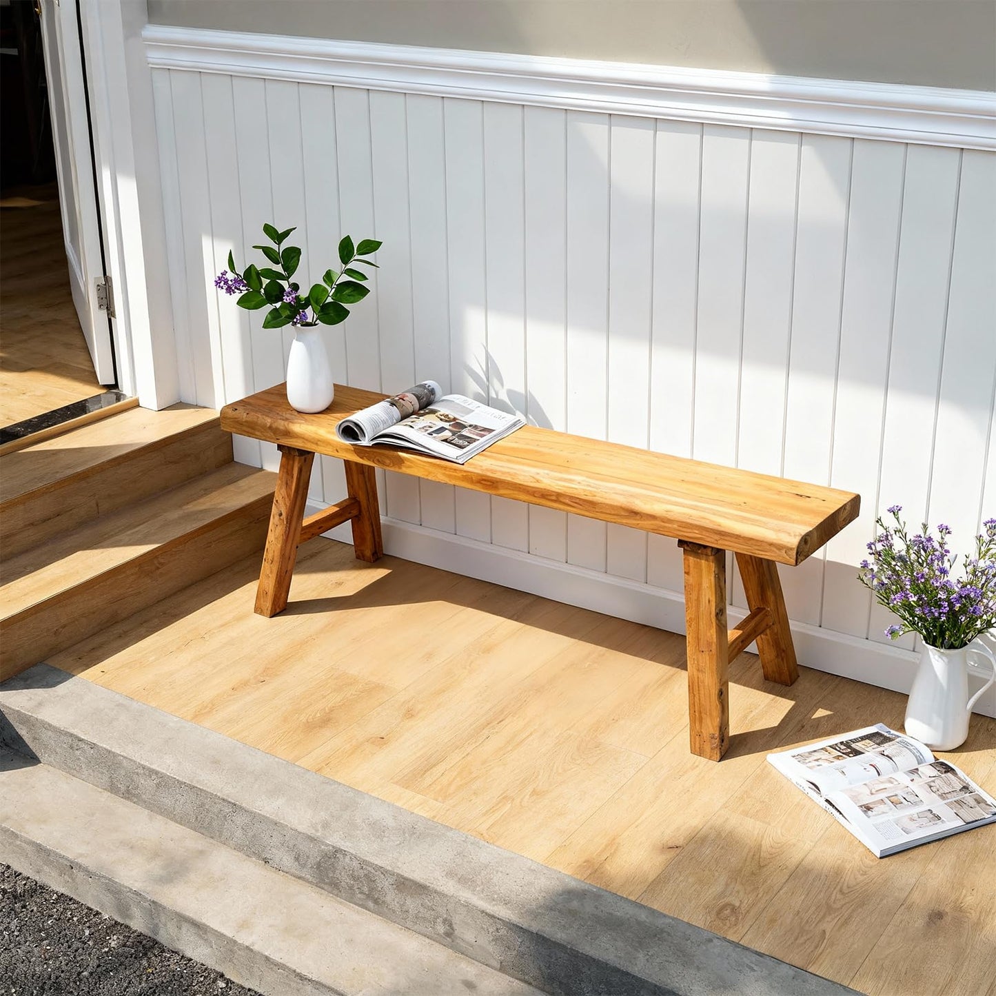 Solid Wood Farmhouse Entryway Bench | Natural Rustic Hallway, Dining & Bedroom Bench