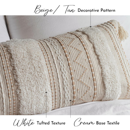 BlissBlush 14x36 Lumbar Pillow Cover for Bed, Rectangular Long Decorative Throw Pillowcase, Boho Accent Cushion with Tufted Pattern and Tassels, Cream Beige Neutral (Cover Only)