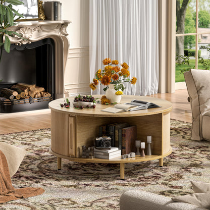 Round Fluted Coffee Table with Hidden Storage – 31.5" Natural Wood