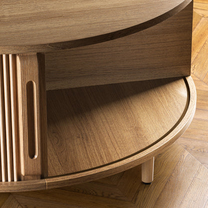 Round Fluted Coffee Table with Hidden Storage – 31.5" Natural Wood