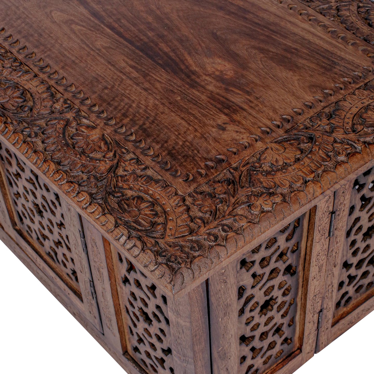Hand-Carved Mango Wood Coffee Table with Storage