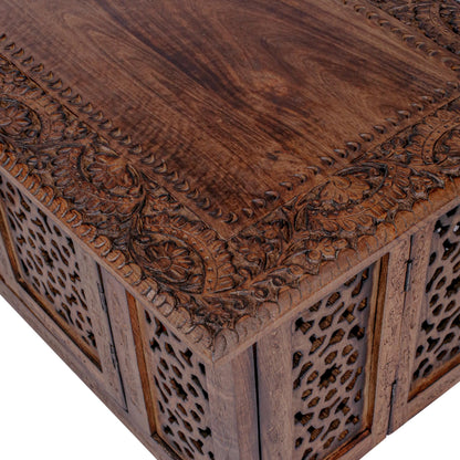 Hand-Carved Mango Wood Coffee Table with Storage