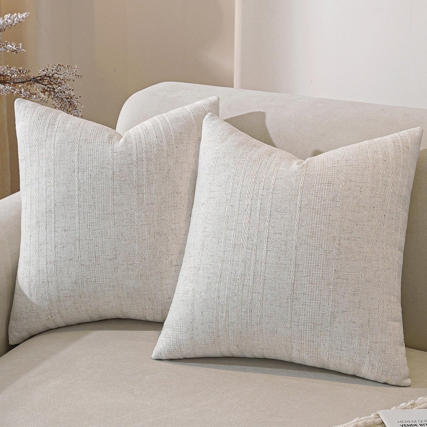 Decorative Set of 2 Neutral Striped Throw Pillow Covers