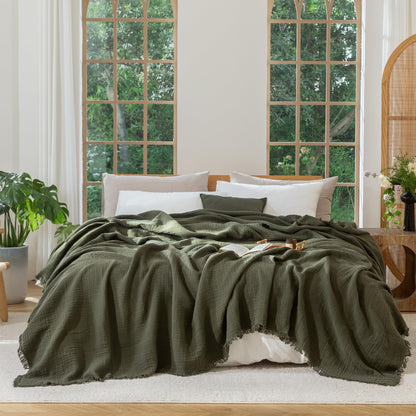 100% Cotton Muslin Throw Blanket – Olive Green 4-Layer Gauze