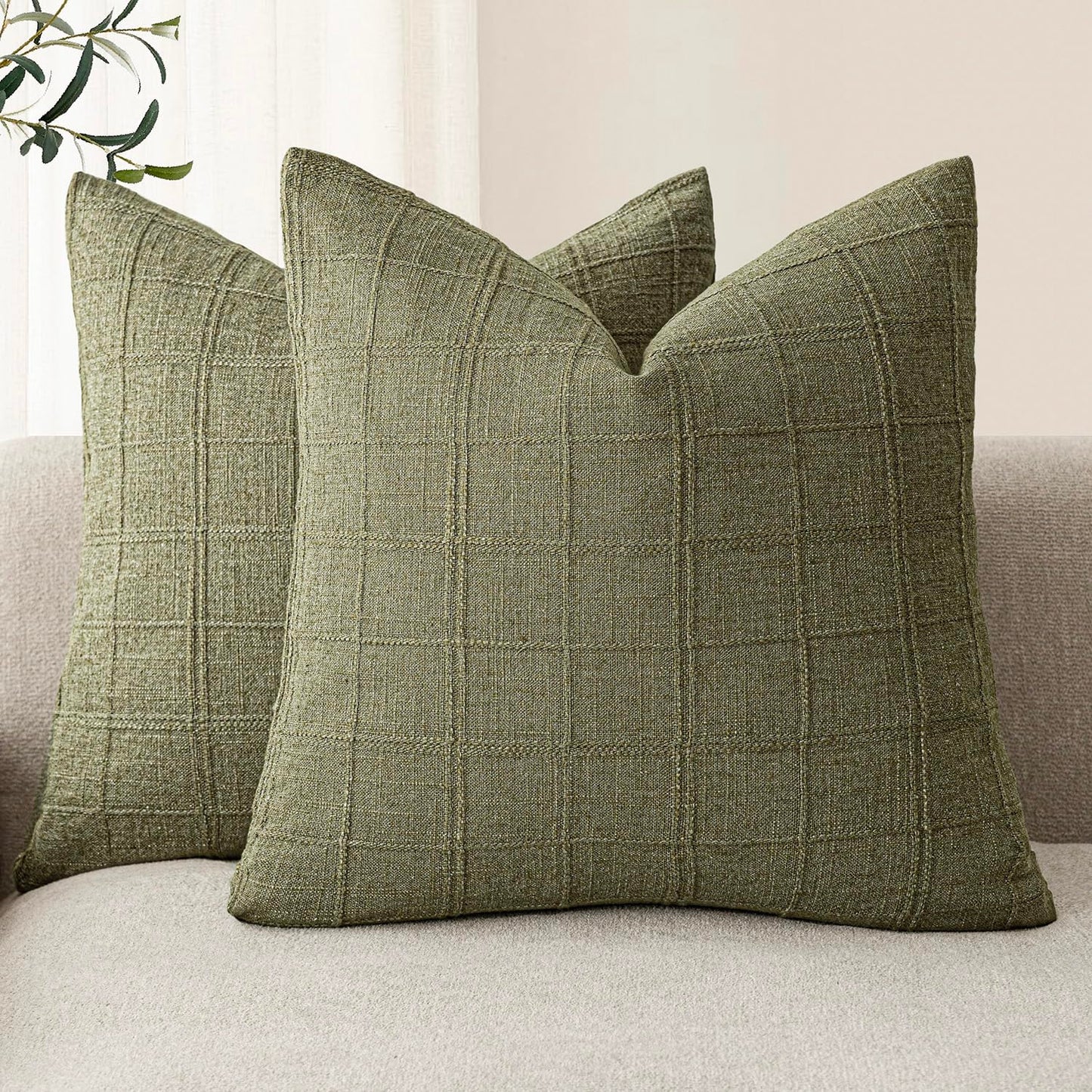 Foundtower Set of 2 Sage Green Linen Check Throw Pillow Covers 50x50cm