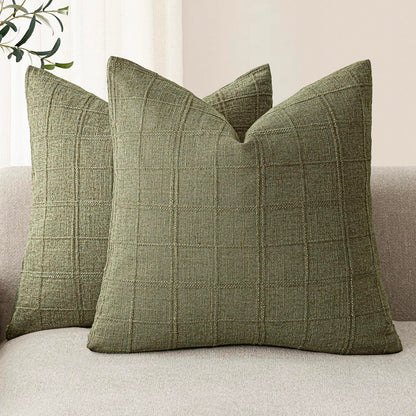 Foundtower Set of 2 Sage Green Linen Check Throw Pillow Covers 50x50cm