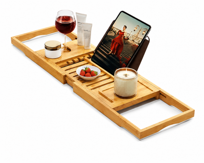 Luxury Bamboo Bathtub Caddy Tray – Expandable Spa Bath Tray with Book, Tablet & Wine Holder