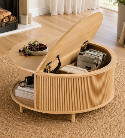 Round Fluted Coffee Table with Hidden Storage – 31.5" Natural Wood