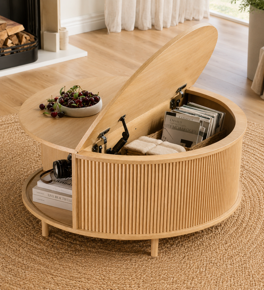 Round Fluted Coffee Table with Hidden Storage – 31.5" Natural Wood